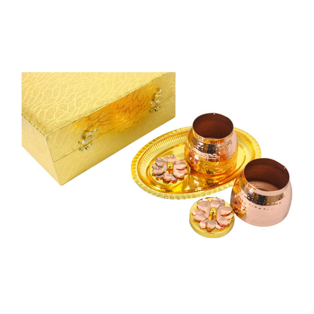 ROYALSTUFFS Double Gold Copper Plated Flower Design Jar/Copper Container with Tray for dry fruits/Decorative Serving Box Set of 3 Size 4 Inch Packed in Golden Box Serveware | Tableware | Gift Item | Home decor - Royalstuffs.com