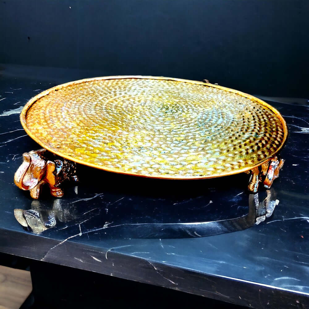 ROYALSTUFFS Elephant Platter with Carved Metal Top – Carved – Glittery Gold ( 12×2 inch ) - Royalstuffs.com