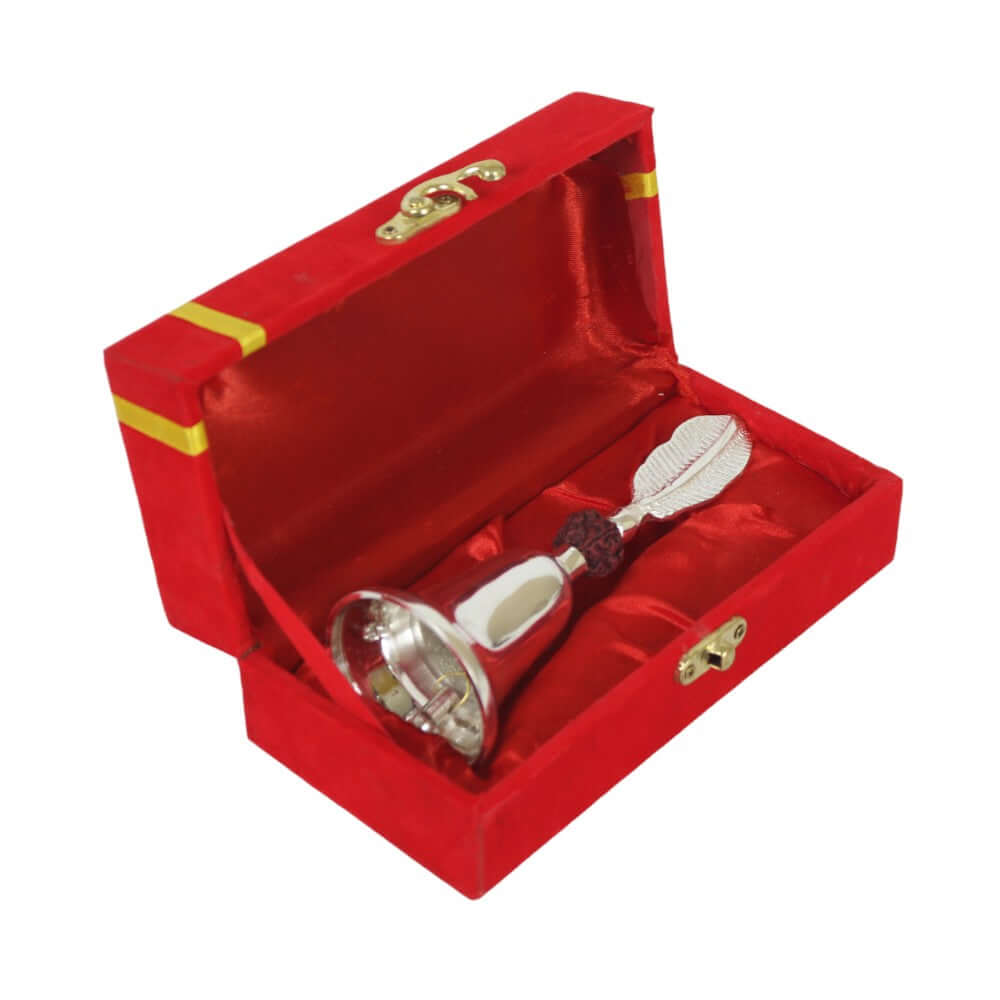 ROYALSTUFFS German Silver Rudraksh Puja Bell With Beautiful Red Velvet Box,Weight : 250 Gram - Royalstuffs.com
