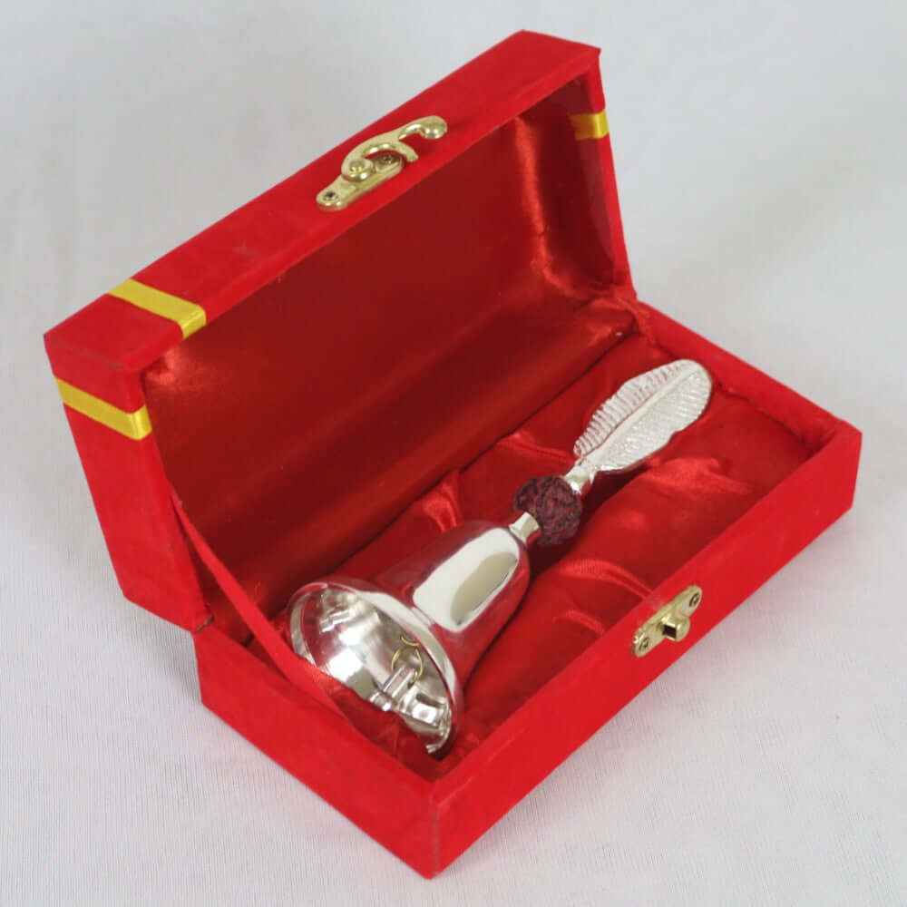 ROYALSTUFFS German Silver Rudraksh Puja Bell With Beautiful Red Velvet Box,Weight : 250 Gram - Royalstuffs.com