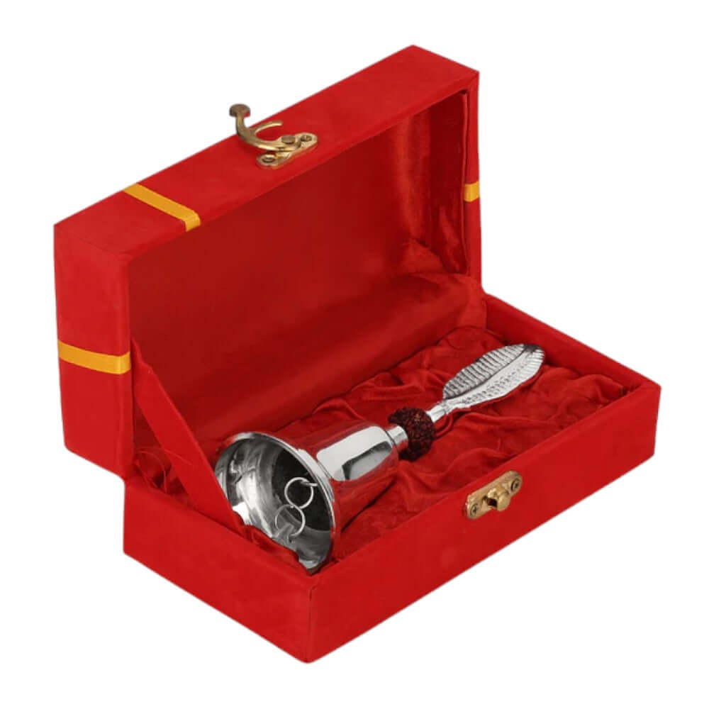 ROYALSTUFFS German Silver Rudraksh Puja Bell With Beautiful Red Velvet Box,Weight : 250 Gram - Royalstuffs.com