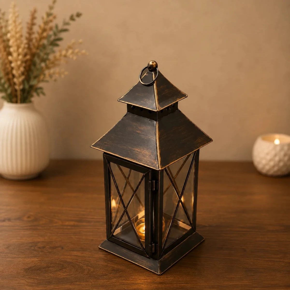 ROYALSTUFFS Hanging Moroccon Lantern for Decorations (Antique ) Brown Iron Table Lantern (4.5x4.5x12 Inch) - Royalstuffs.com