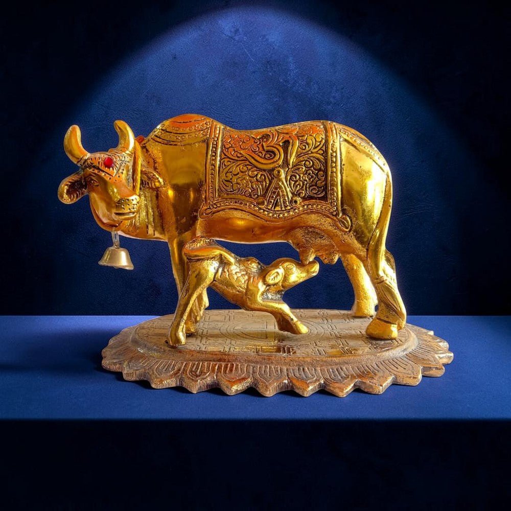 ROYALSTUFFS Kamdhenu Collections Aluminum Cow and Calf Statue Showpiece - Royalstuffs.com