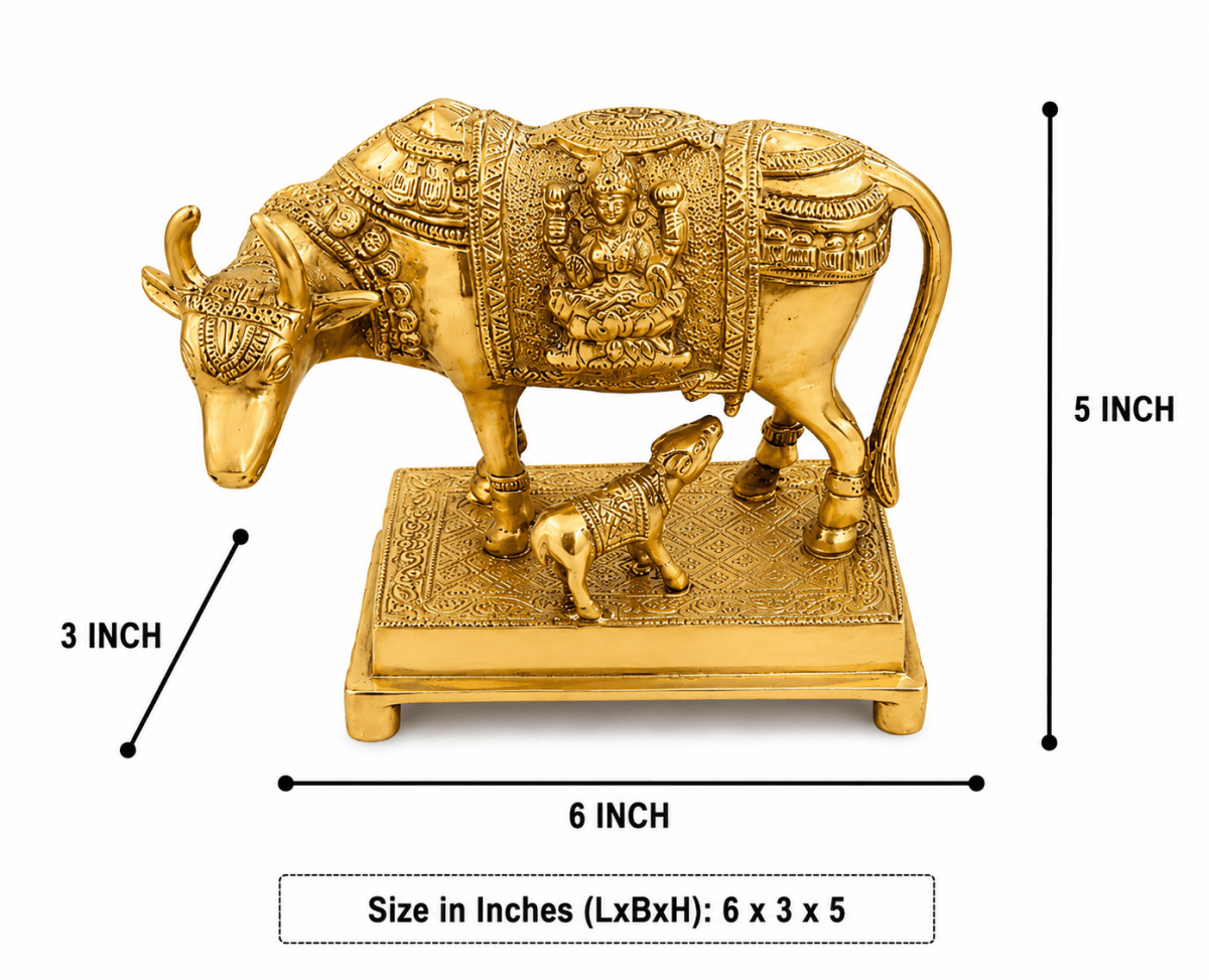 ROYALSTUFFS Kamdhenu Collections Brass statue Cow And Calf Statue Showpiece 5 inches height - Royalstuffs.com