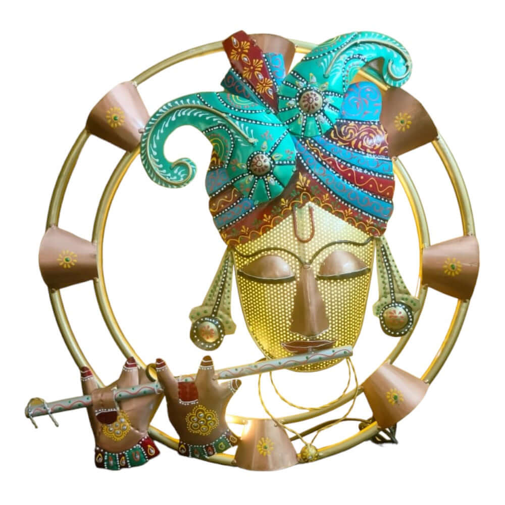ROYALSTUFFS Krishna Playing Flute With Inbuilt LED Light Decorative Metal Wall Hangings With Light For Wall Décor – Round Iron Metal Wall Hanging For Home Decoration and Café Decoration - Royalstuffs.com