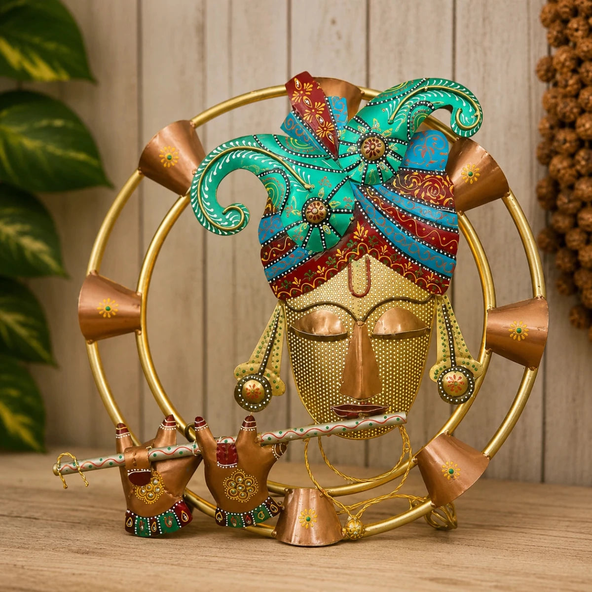 ROYALSTUFFS Krishna Playing Flute With Inbuilt LED Light Decorative Metal Wall Hangings With Light For Wall Décor – Round Iron Metal Wall Hanging For Home Decoration and Café Decoration - Royalstuffs.com