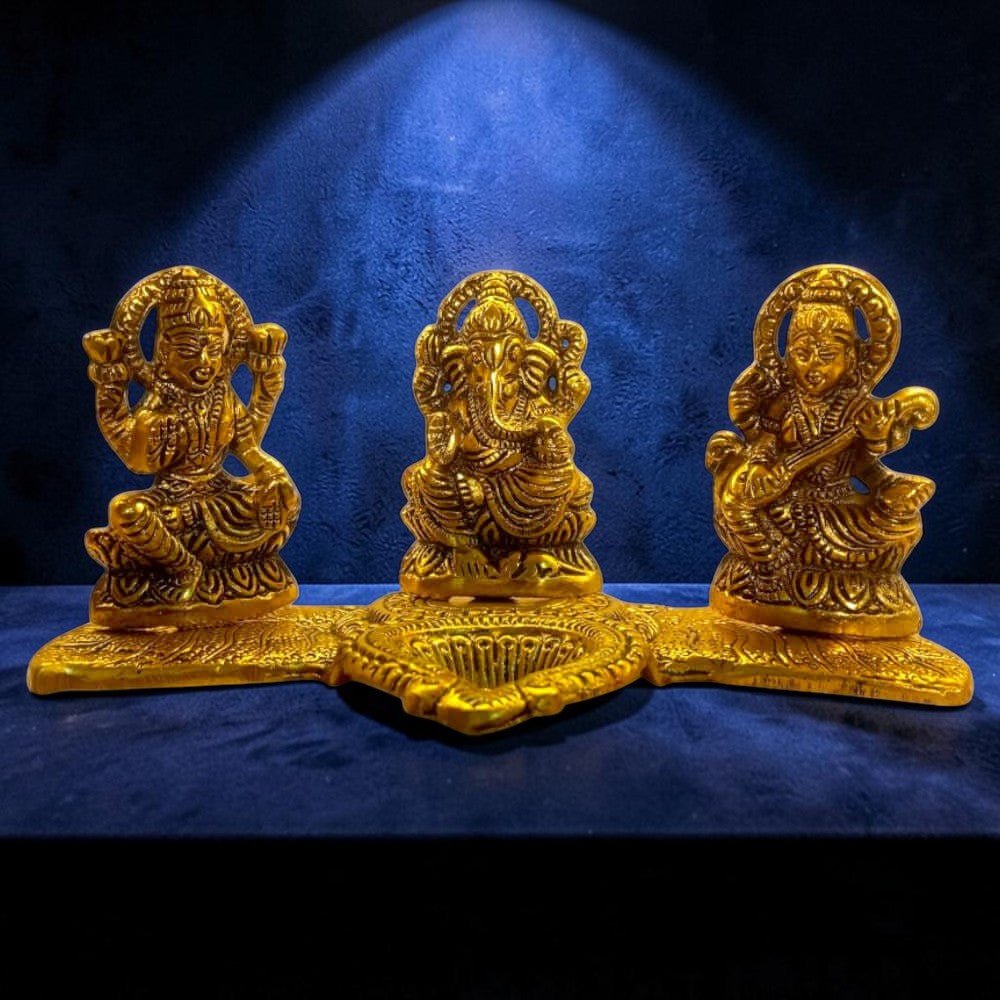 ROYALSTUFFS Laxmi Ganesha Saraswati with Diya for Pooja Gold Color Plated Decorative Showpiece - Royalstuffs.com