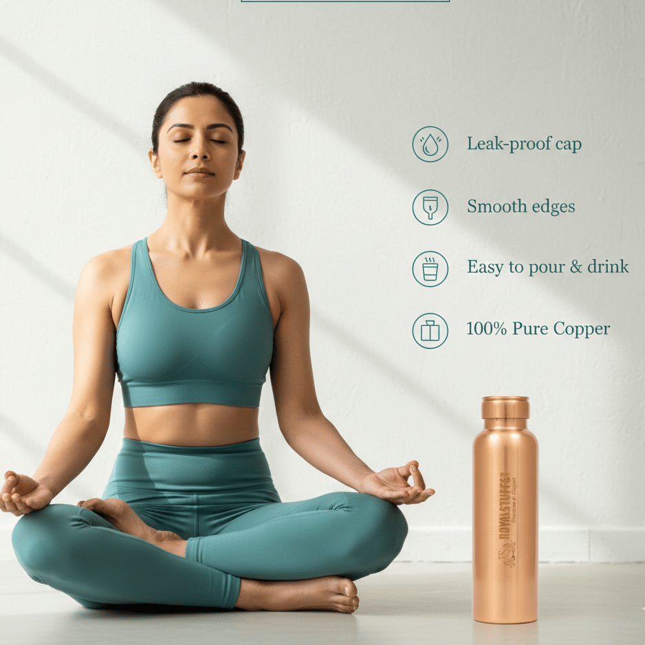 100% Pure Copper Water Bottle - Ayurvedic Leak-Proof Vessel, 900 ml Capacity, Drink More Water - Royalstuffs.com