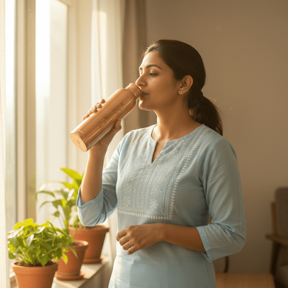 100% Pure Copper Water Bottle - Ayurvedic Leak-Proof Vessel, 900 ml Capacity, Drink More Water - Royalstuffs.com