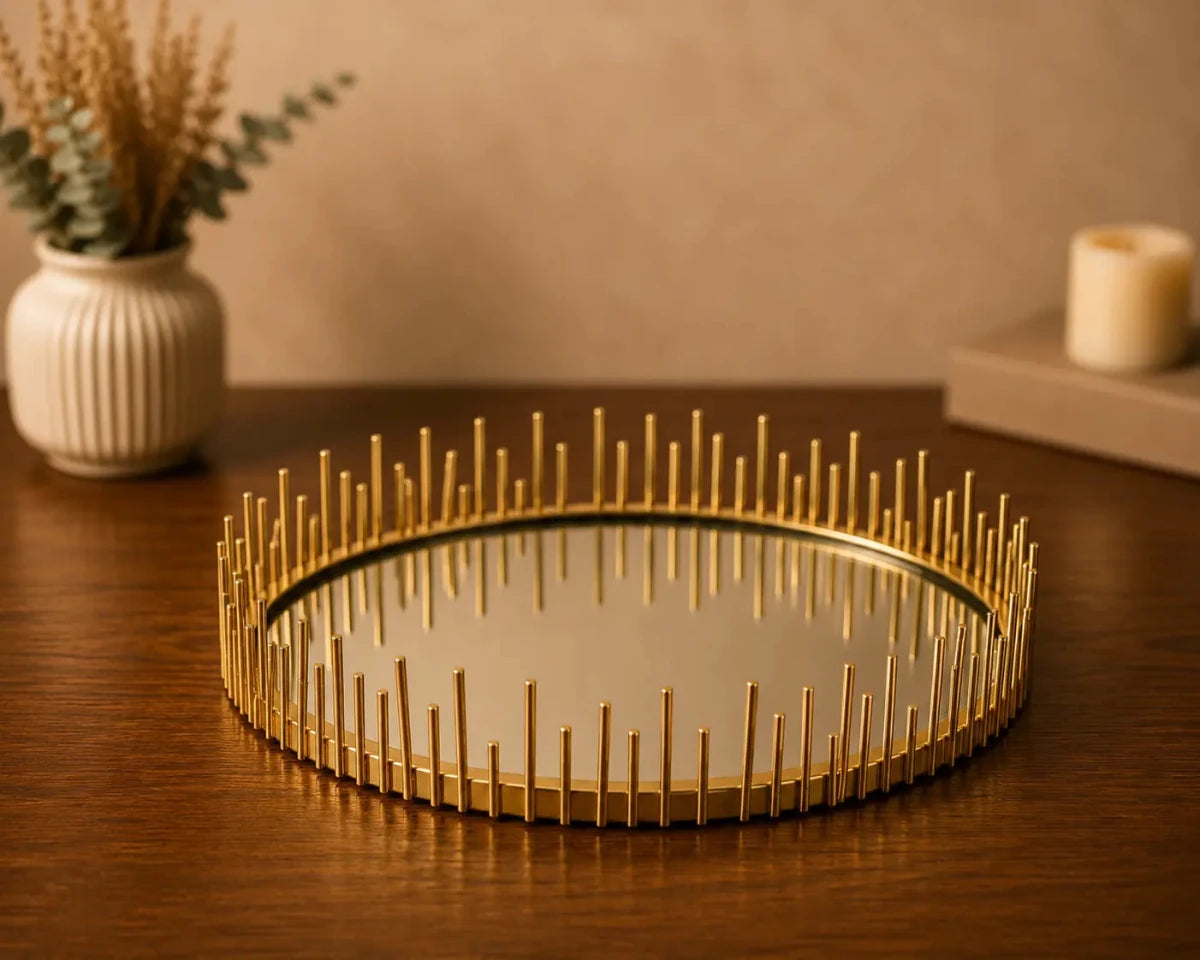 ROYALSTUFFS Metal Gifting Trays For Packing With Mirror Top, Open Gifting Trays for Wedding Packing, Gifting Trays For Packing Basket, Big Tray For Gifting Best Wishes Motif Hamper Trousseau Packing Tray (12 inch diameter) - Royalstuffs.com