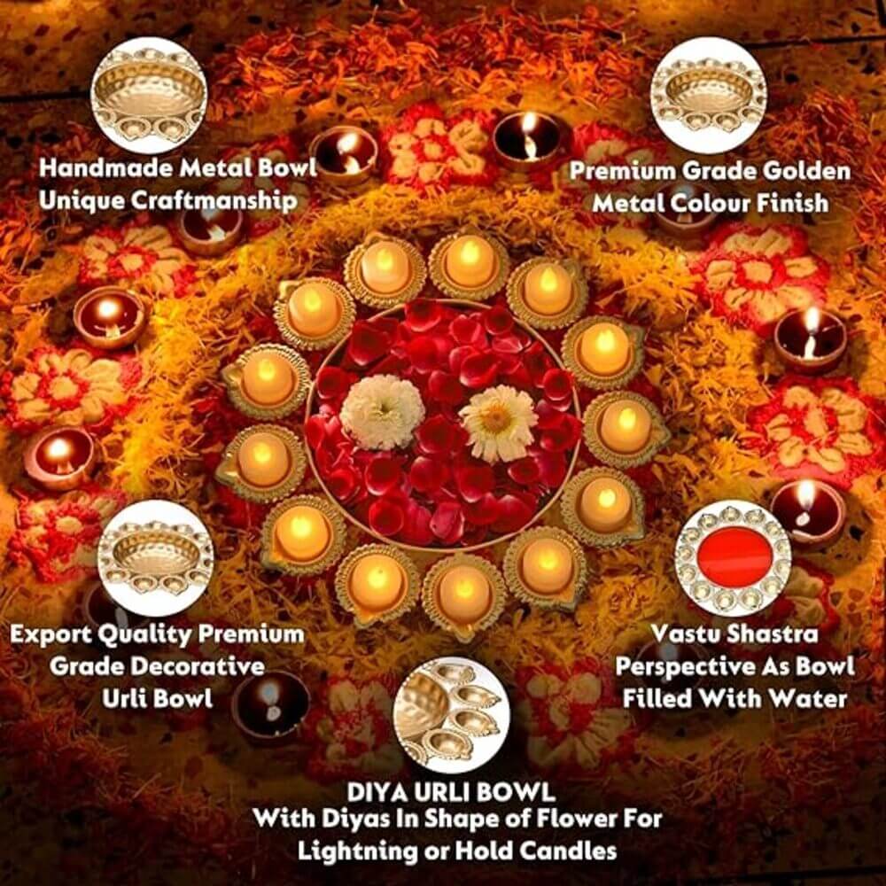 ROYALSTUFFS Metal Urli with Diyas Iron 13 - Cup Candle Holder (Gold, Pack of 1) - Royalstuffs.com