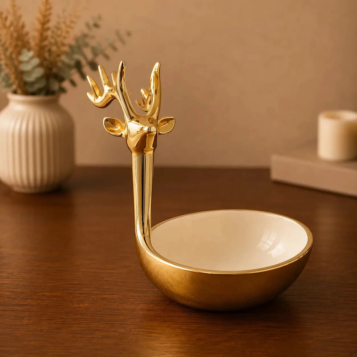 ROYALSTUFFS Multipurpose Golden Metallic Holiday Decorative Deer Bowl 8 inch Tall (Golden) - Royalstuffs.com