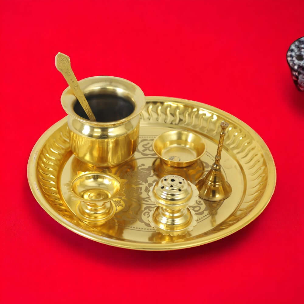 ROYALSTUFFS Pooja Thali Set, Bhagwan Ganesha & Mata Lakshmi Design, Gold Plated Decorative - 8.5 Inch,Pack of 7 with box - Royalstuffs.com