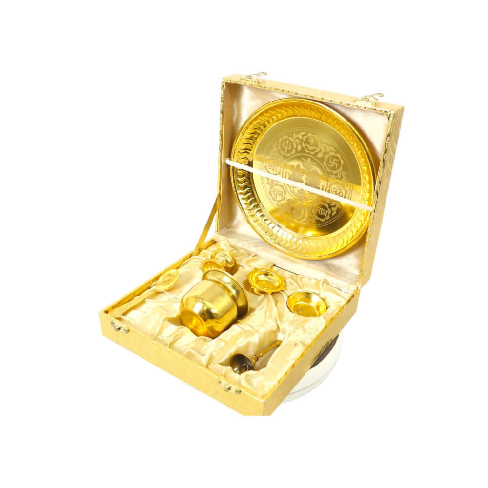 ROYALSTUFFS Pooja Thali Set, Bhagwan Ganesha & Mata Lakshmi Design, Gold Plated Decorative - 8.5 Inch,Pack of 7 with box - Royalstuffs.com
