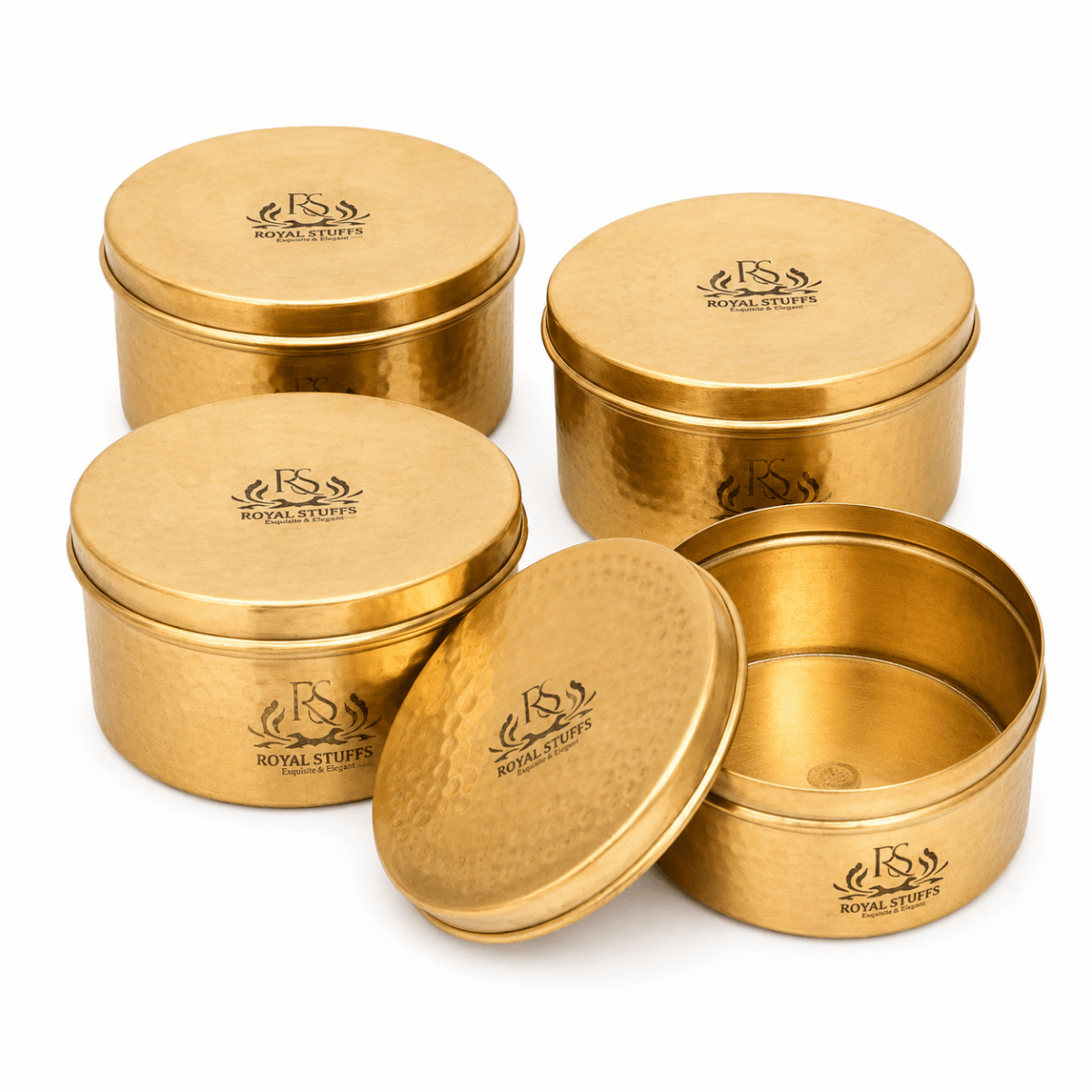 ROYALSTUFFS Pure Brass Gold Hammered Laddu Box,Lunch Box,Storage Box Set Of - 4 - Royalstuffs.com