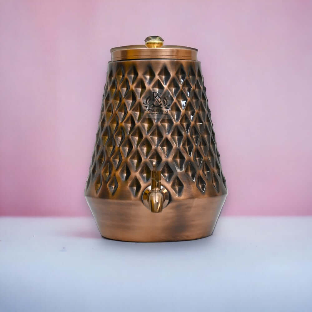 8 Litre Pure Copper Matka Water Dispenser with Brass Tap and Diamond Design for Healthy Water Storage