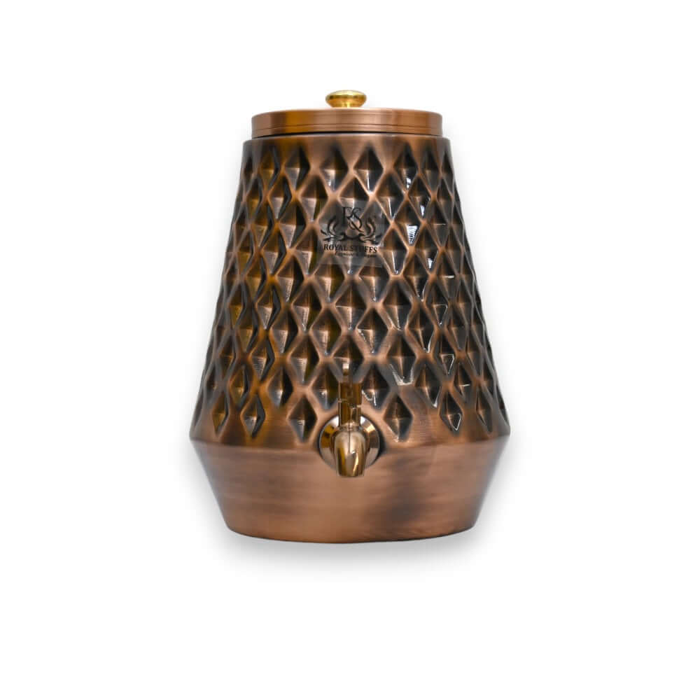 Front View of 8 Litre Pure Copper Matka Water Dispenser with Brass Tap and Diamond Pattern Finish