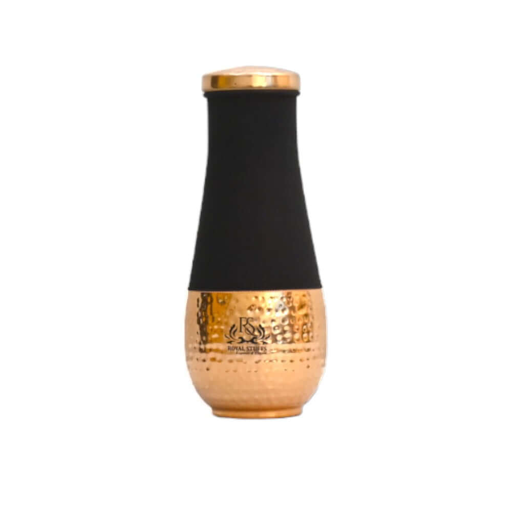 Front View of 1600 ml Pure Copper Surahi Bedside Carafe with Inbuilt Glass and Brown Hammered Finish