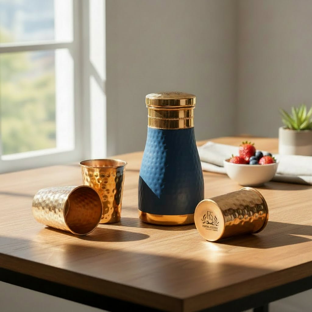 ROYALSTUFFS Pure Copper Bedside Water Carafe |Premium Quality Copper Bottle with 4 Hammered Glasses Tumbler for Water| Leak Proof | Ayurvedic Health Benefits -1000 ml - Royalstuffs.com