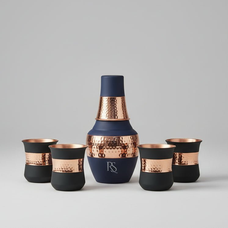 ROYALSTUFFS Pure Copper Drinking Water Bottle Container with 4 Glass| Copper Bedroom Water Carafe- 1250 ml (Pack of 5) - Royalstuffs.com