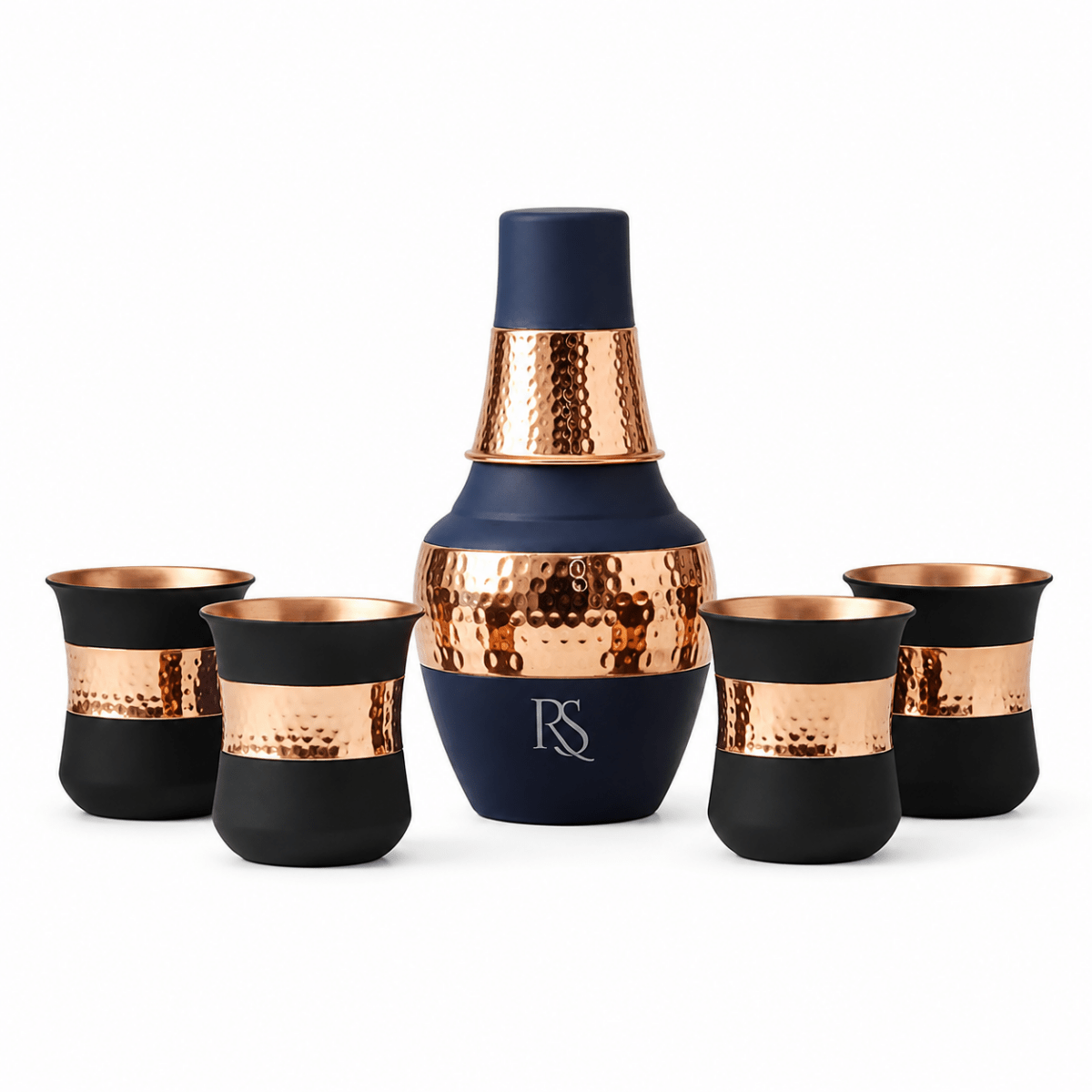 ROYALSTUFFS Pure Copper Drinking Water Bottle Container with 4 Glass| Copper Bedroom Water Carafe- 1250 ml (Pack of 5) - Royalstuffs.com