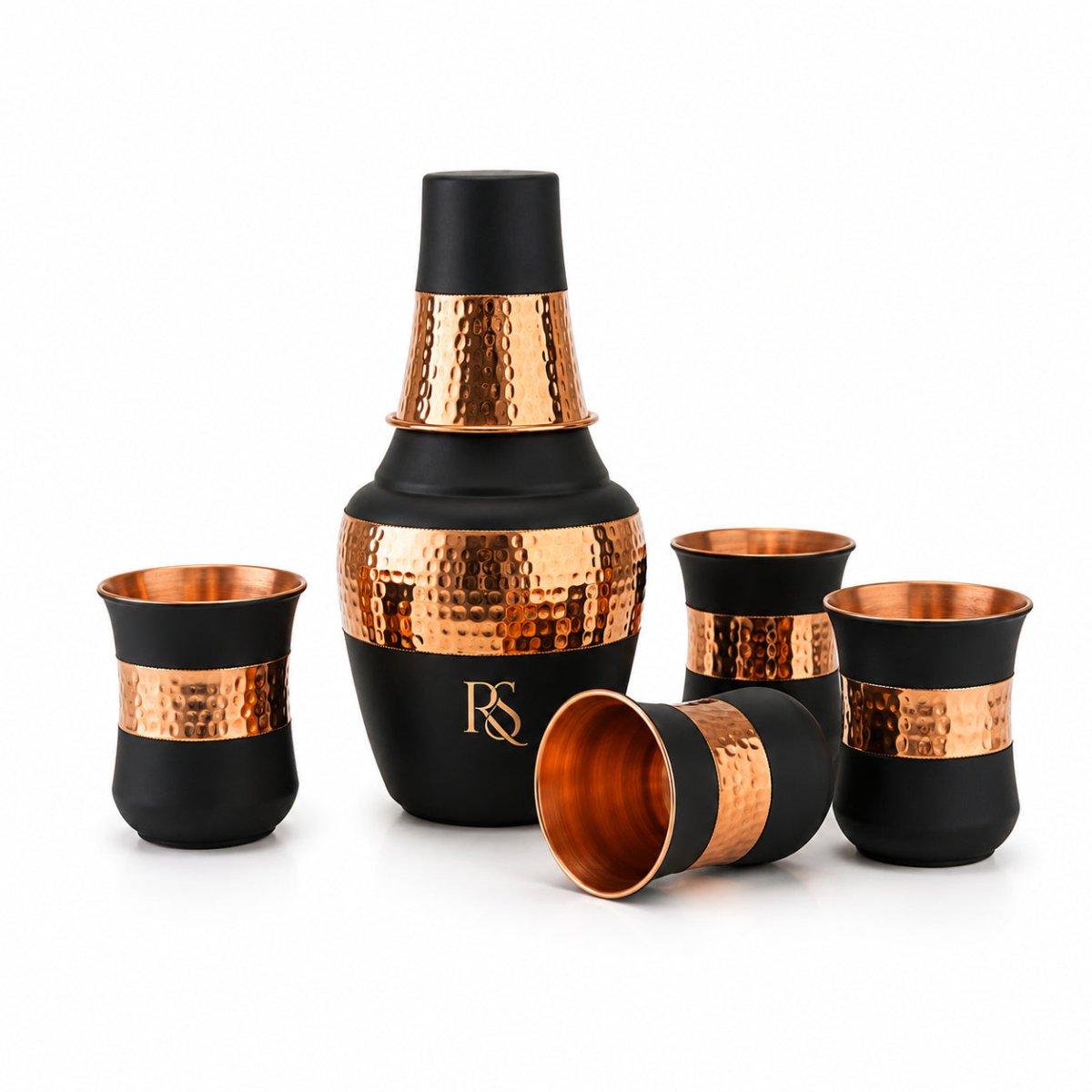 ROYALSTUFFS Pure Copper Drinking Water Bottle Container with 4 Glass| Copper Bedroom Water Carafe- 1250 ml (Pack of 5) - Royalstuffs.com