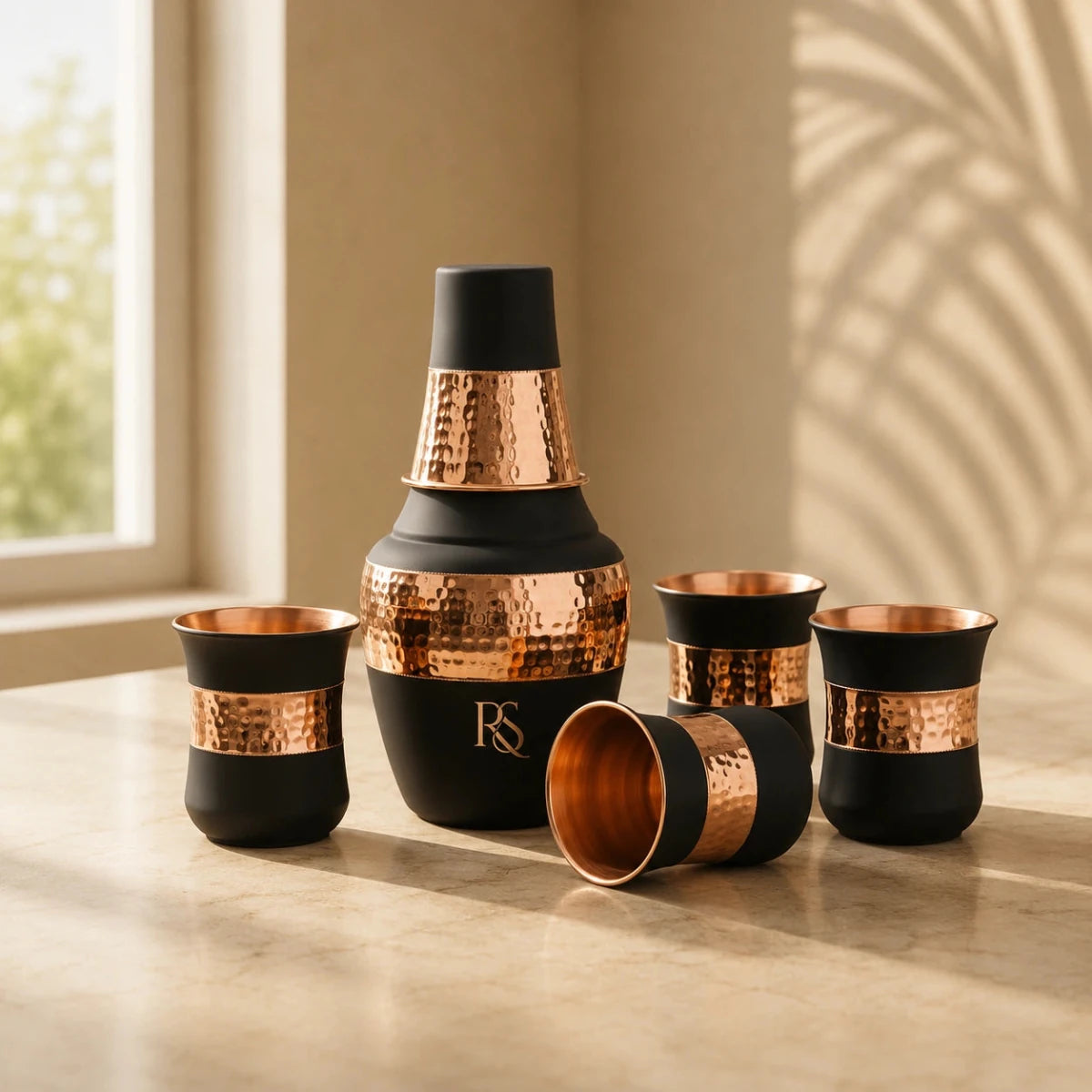 ROYALSTUFFS Pure Copper Drinking Water Bottle Container with 4 Glass| Copper Bedroom Water Carafe- 1250 ml (Pack of 5) - Royalstuffs.com