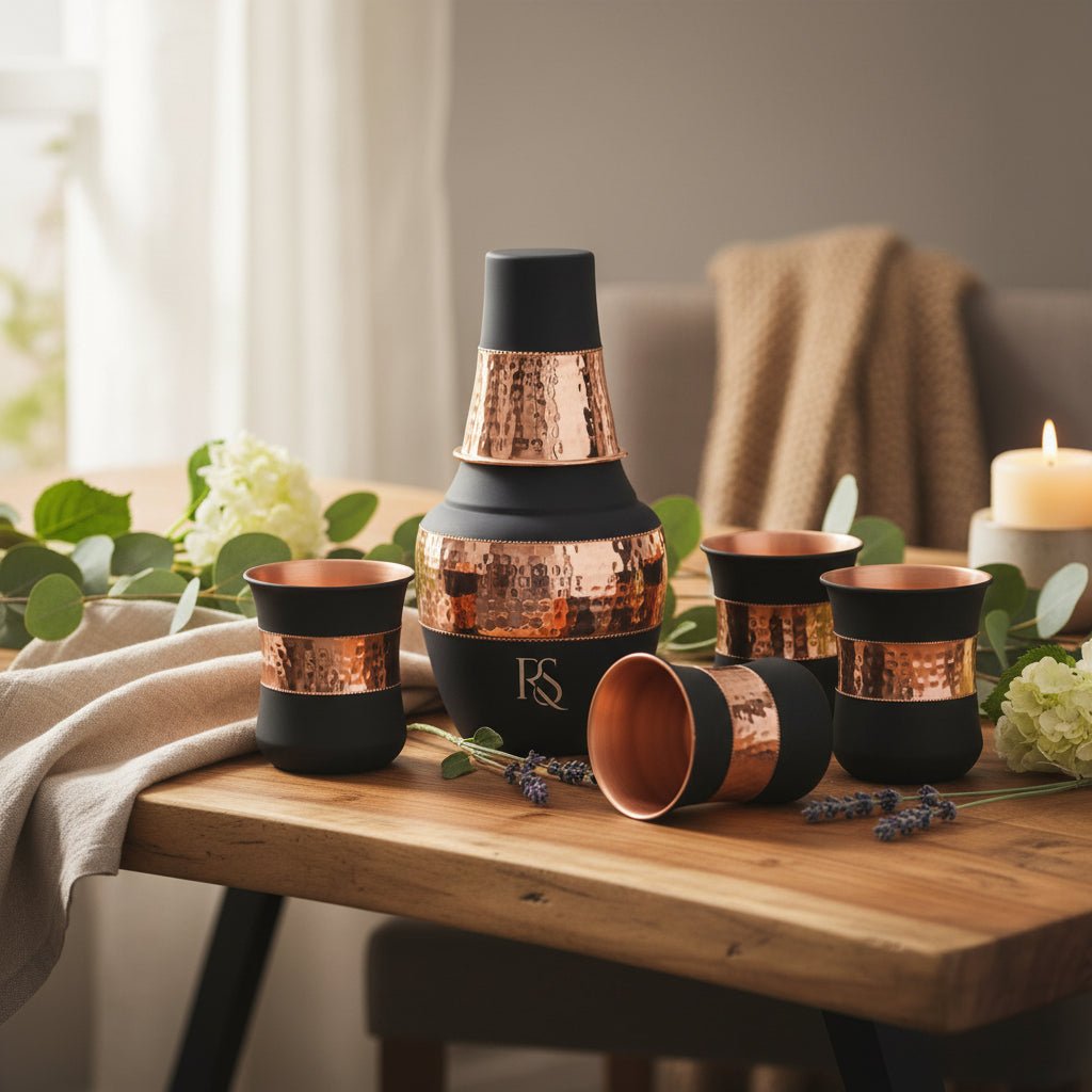 ROYALSTUFFS Pure Copper Drinking Water Bottle Container with 4 Glass| Copper Bedroom Water Carafe- 1250 ml (Pack of 5) - Royalstuffs.com