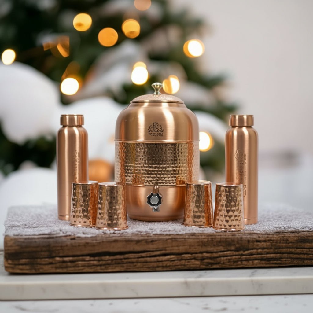ROYALSTUFFS Pure copper Drinkware Water Dispenser Hammered Finish- Ayurveda Health Healing 8 Liter Storage Container Tank with Set of 2 Tumbler Glasses and 1 copper Bottle - Royalstuffs.com