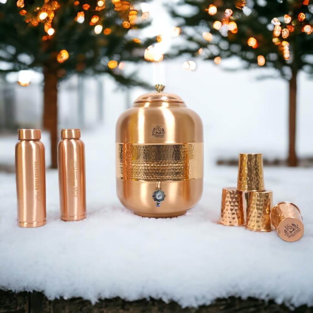 ROYALSTUFFS Pure Copper Drinkware Water Dispenser | Hammered Finish | Ayurveda Health Healing 8 Liters Storage Water Container Tank with Set of 4 Tumbler Glasses and 2 Copper Bottle - Royalstuffs.com
