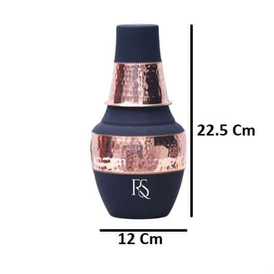 1250 ml Pure Copper Water Bottle with Tumbler Showing Product Dimensions and Hammered Finish