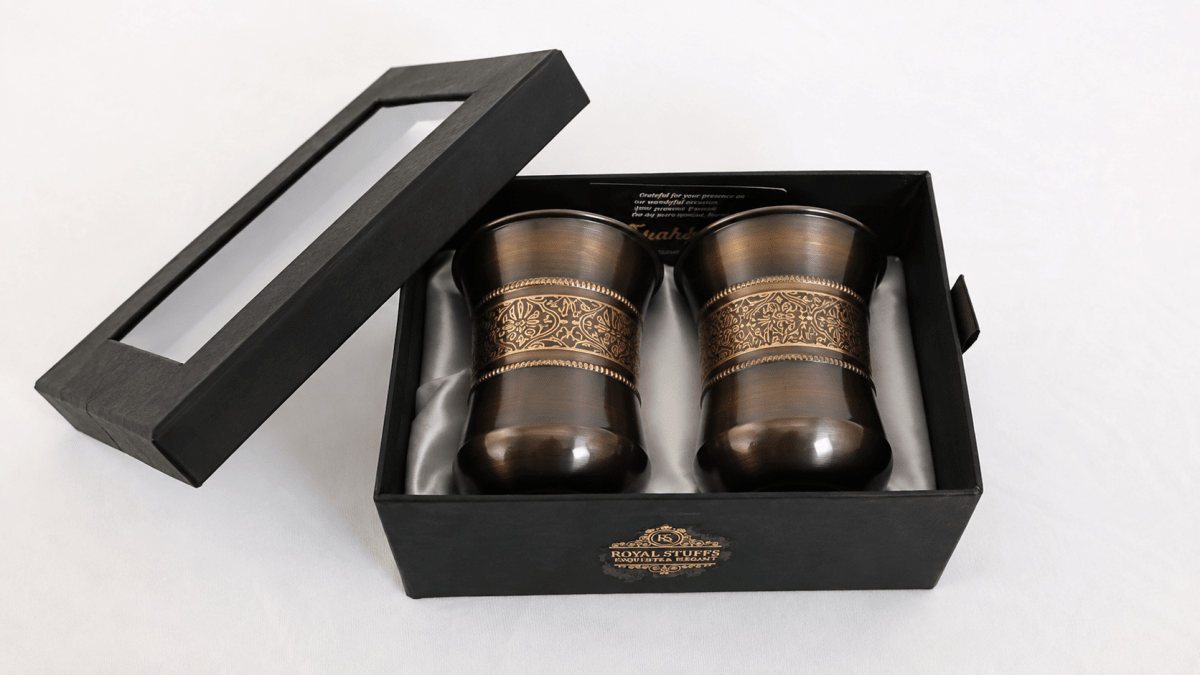 ROYALSTUFFS Pure Copper Water Glass Set of 2 Brown Antique Engraved Tumbler Capacity 300ML With Box - Royalstuffs.com