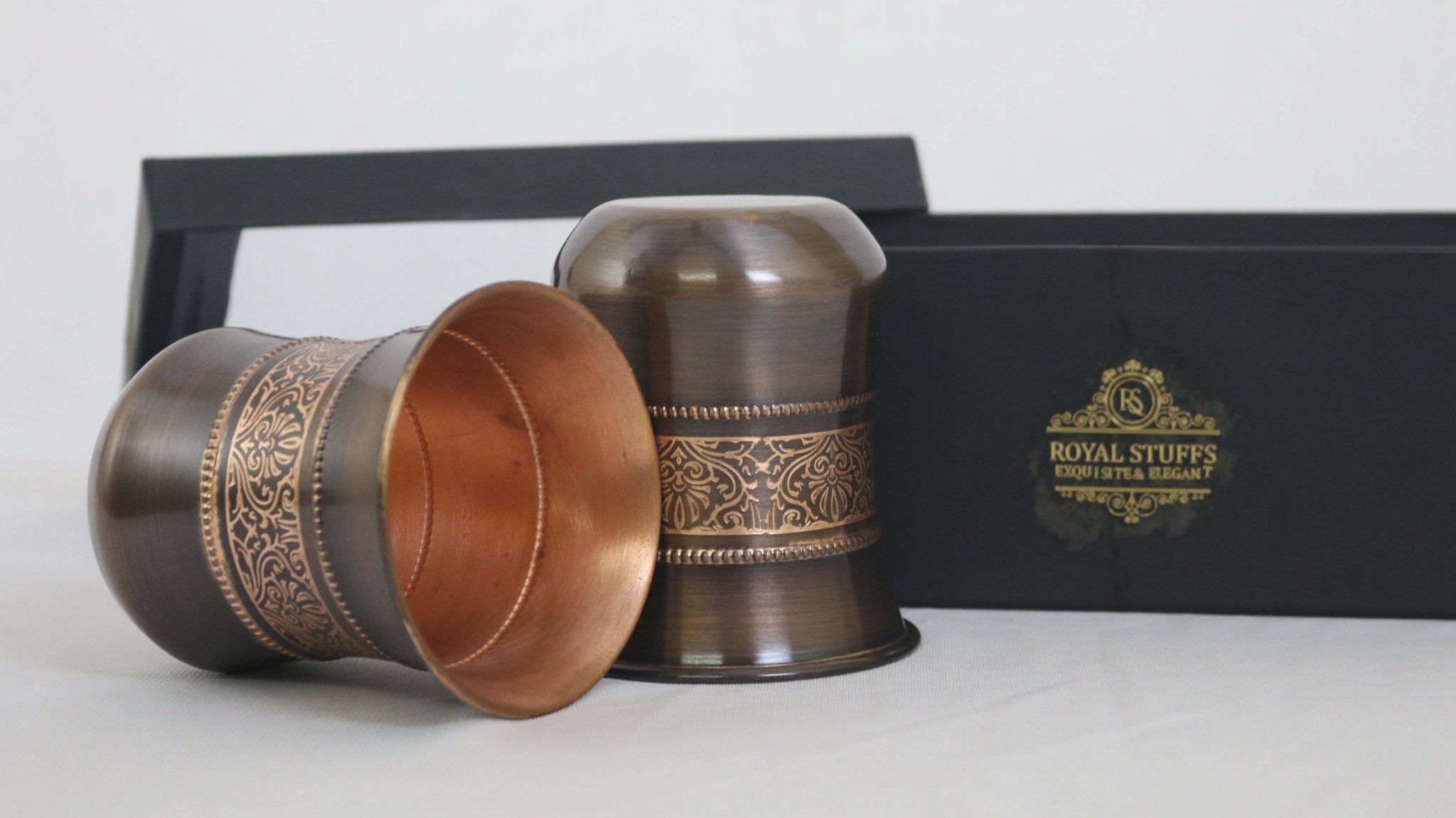 ROYALSTUFFS Pure Copper Water Glass Set of 2 Brown Antique Engraved Tumbler Capacity 300ML With Box - Royalstuffs.com