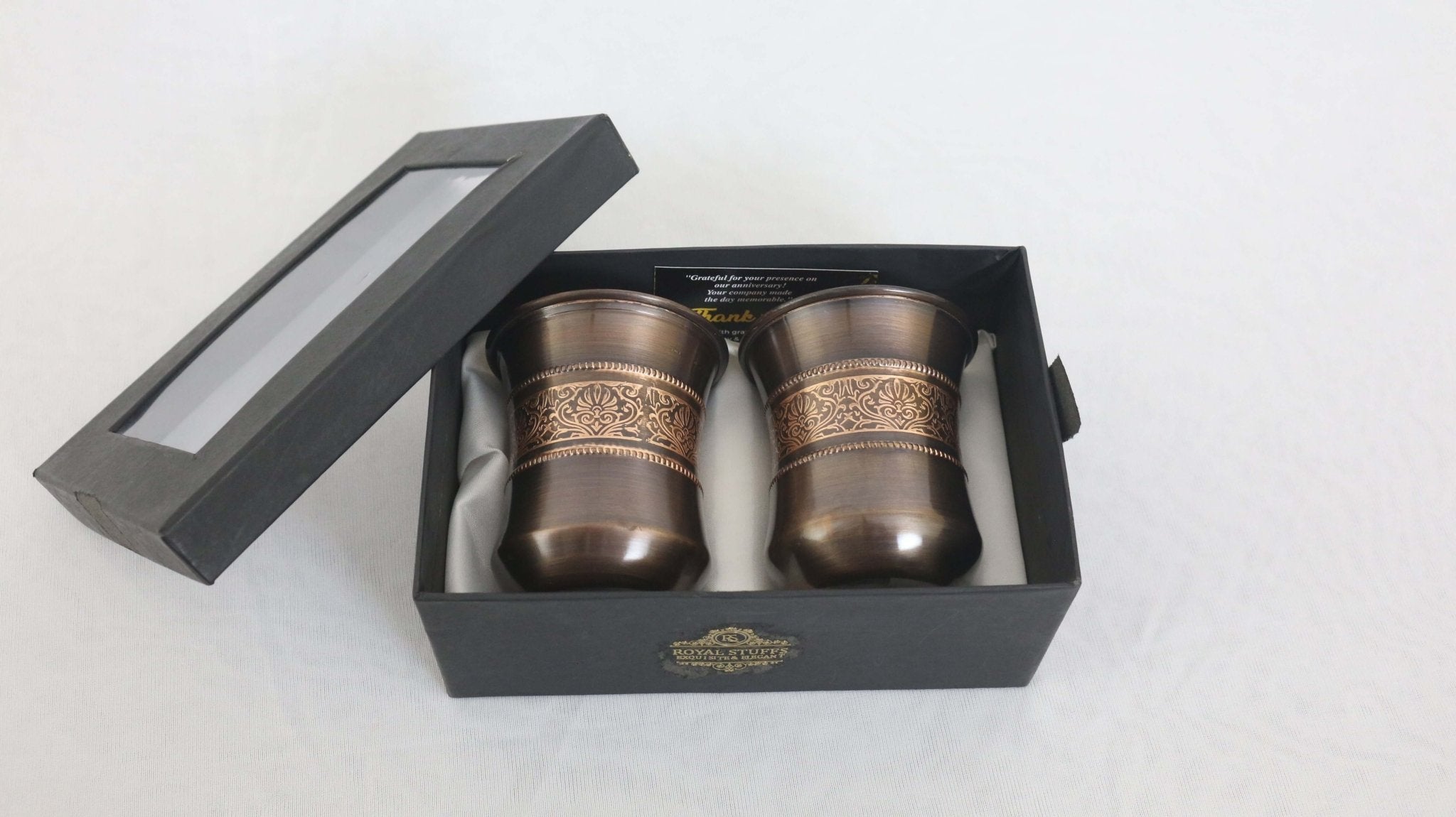 ROYALSTUFFS Pure Copper Water Glass Set of 2 Brown Antique Engraved Tumbler Capacity 300ML With Box - Royalstuffs.com