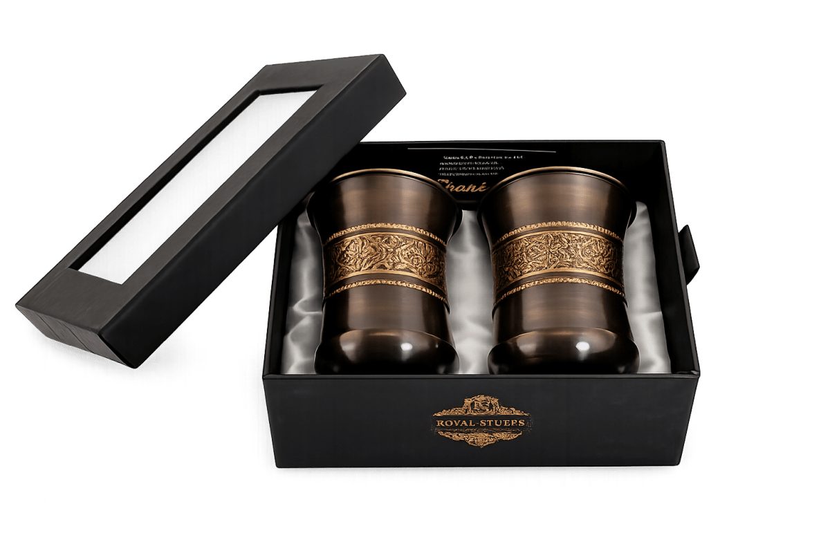 ROYALSTUFFS Pure Copper Water Glass Set of 2 Brown Antique Engraved Tumbler Capacity 300ML With Box - Royalstuffs.com