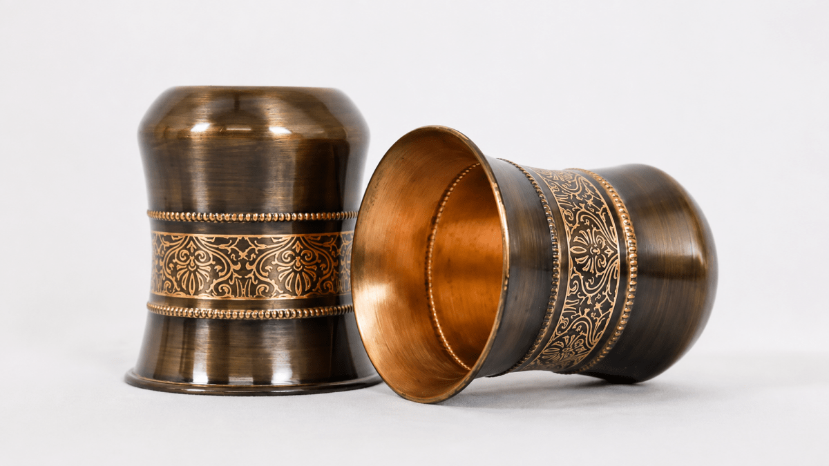 ROYALSTUFFS Pure Copper Water Glass Set of 2 Brown Antique Engraved Tumbler Capacity 300ML With Box - Royalstuffs.com