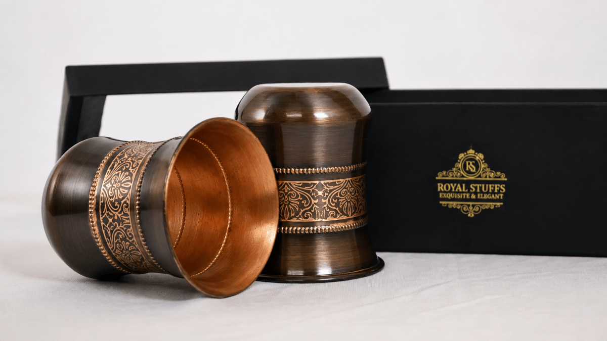ROYALSTUFFS Pure Copper Water Glass Set of 2 Brown Antique Engraved Tumbler Capacity 300ML With Box - Royalstuffs.com