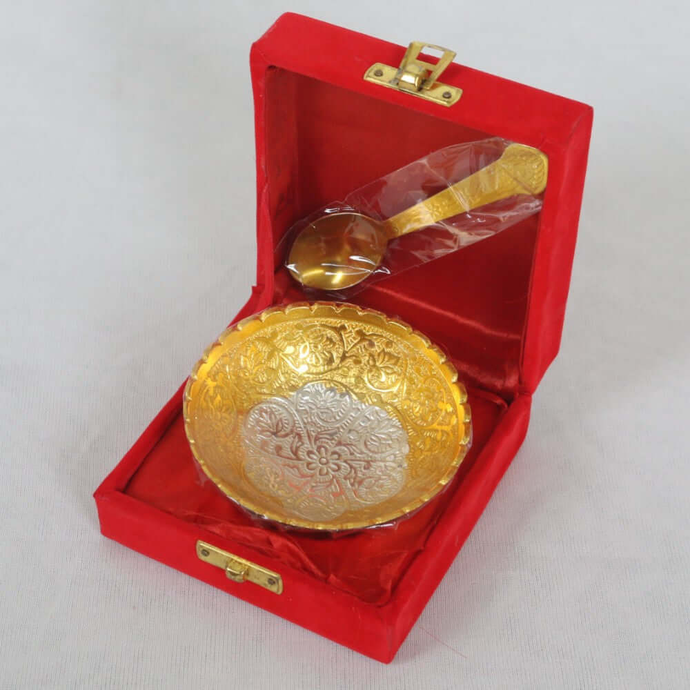 ROYALSTUFFS Pure Silver Plated Gold Polished, Set of Designer 1 Bowl with 1 Spoon with Velvet Box - Royalstuffs.com