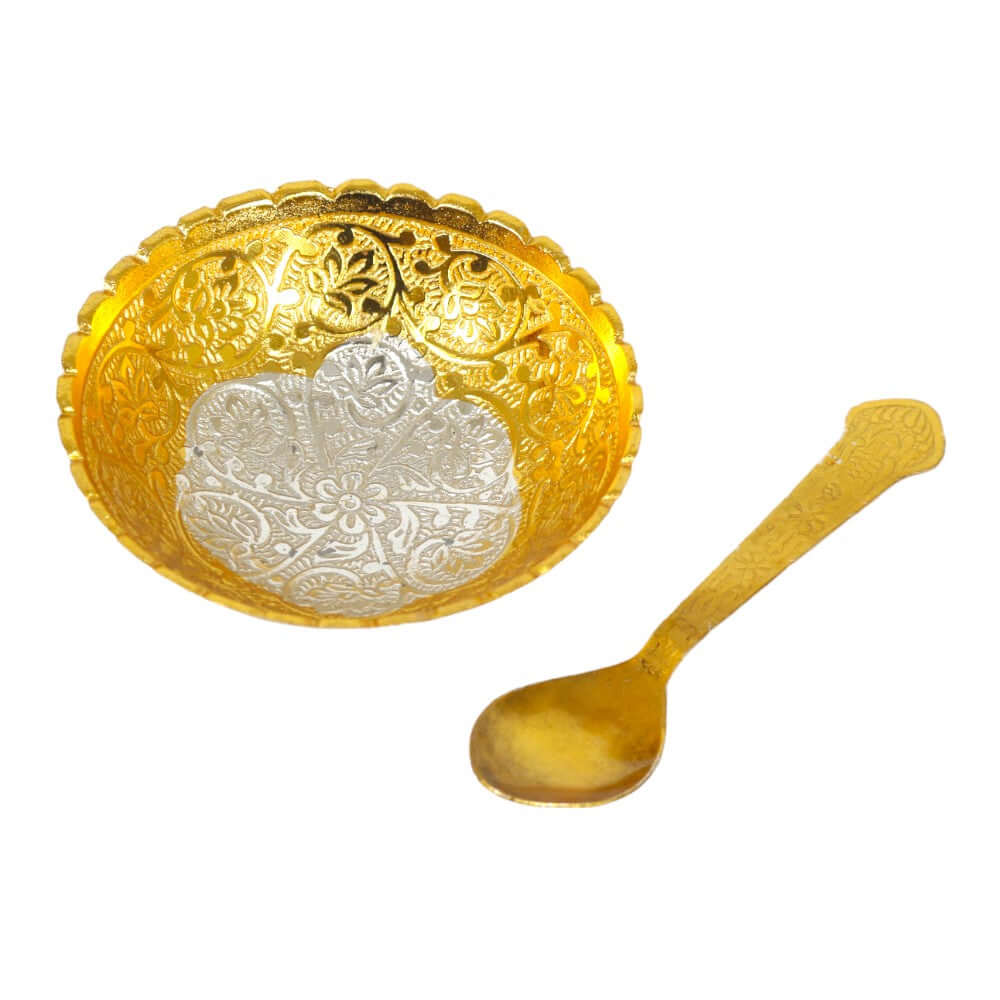 ROYALSTUFFS Pure Silver Plated Gold Polished, Set of Designer 1 Bowl with 1 Spoon with Velvet Box - Royalstuffs.com