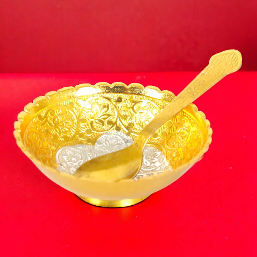 ROYALSTUFFS Pure Silver Plated Gold Polished, Set of Designer 1 Bowl with 1 Spoon with Velvet Box - Royalstuffs.com
