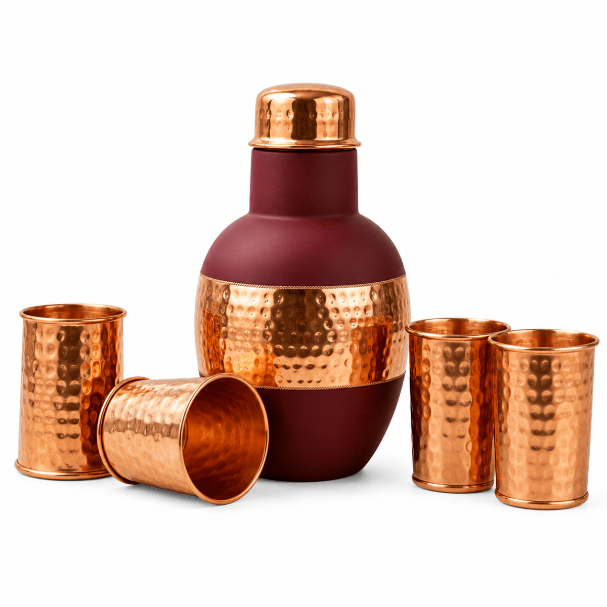 ROYALSTUFFS Satin Coated Pure Copper Water Bottle with 4 Copper Hammered Glass Antique Elegant Design Leak Proof Bedside Carafe -1250 ML - Royalstuffs.com