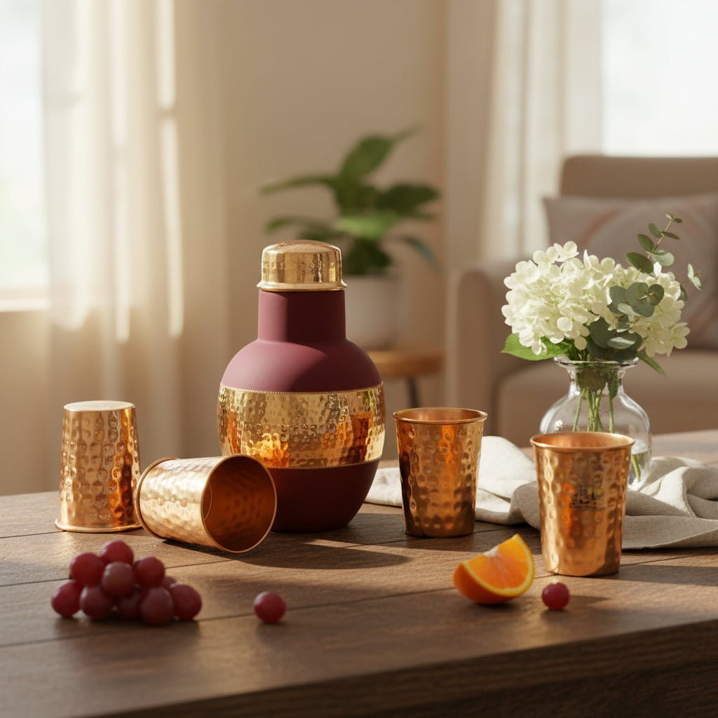 ROYALSTUFFS Satin Coated Pure Copper Water Bottle with 4 Copper Hammered Glass Antique Elegant Design Leak Proof Bedside Carafe -1250 ML - Royalstuffs.com
