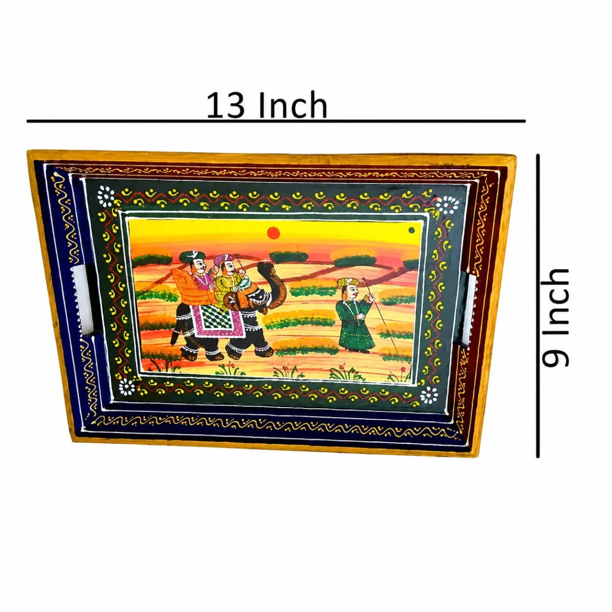 ROYALSTUFFS Serving Tray, set of 3, made of mango wood, Rajasthani painting, size 15″, 14″, 13″ - Royalstuffs.com