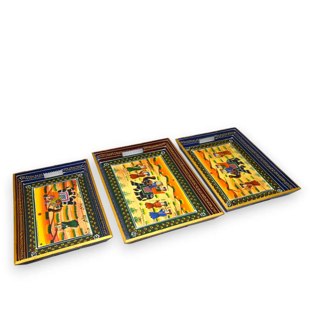 ROYALSTUFFS Serving Tray, set of 3, made of mango wood, Rajasthani painting, size 15″, 14″, 13″ - Royalstuffs.com