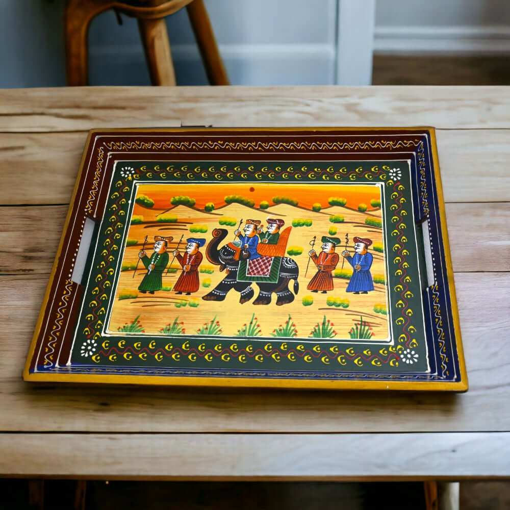 ROYALSTUFFS Serving Tray, set of 3, made of mango wood, Rajasthani painting, size 15″, 14″, 13″ - Royalstuffs.com