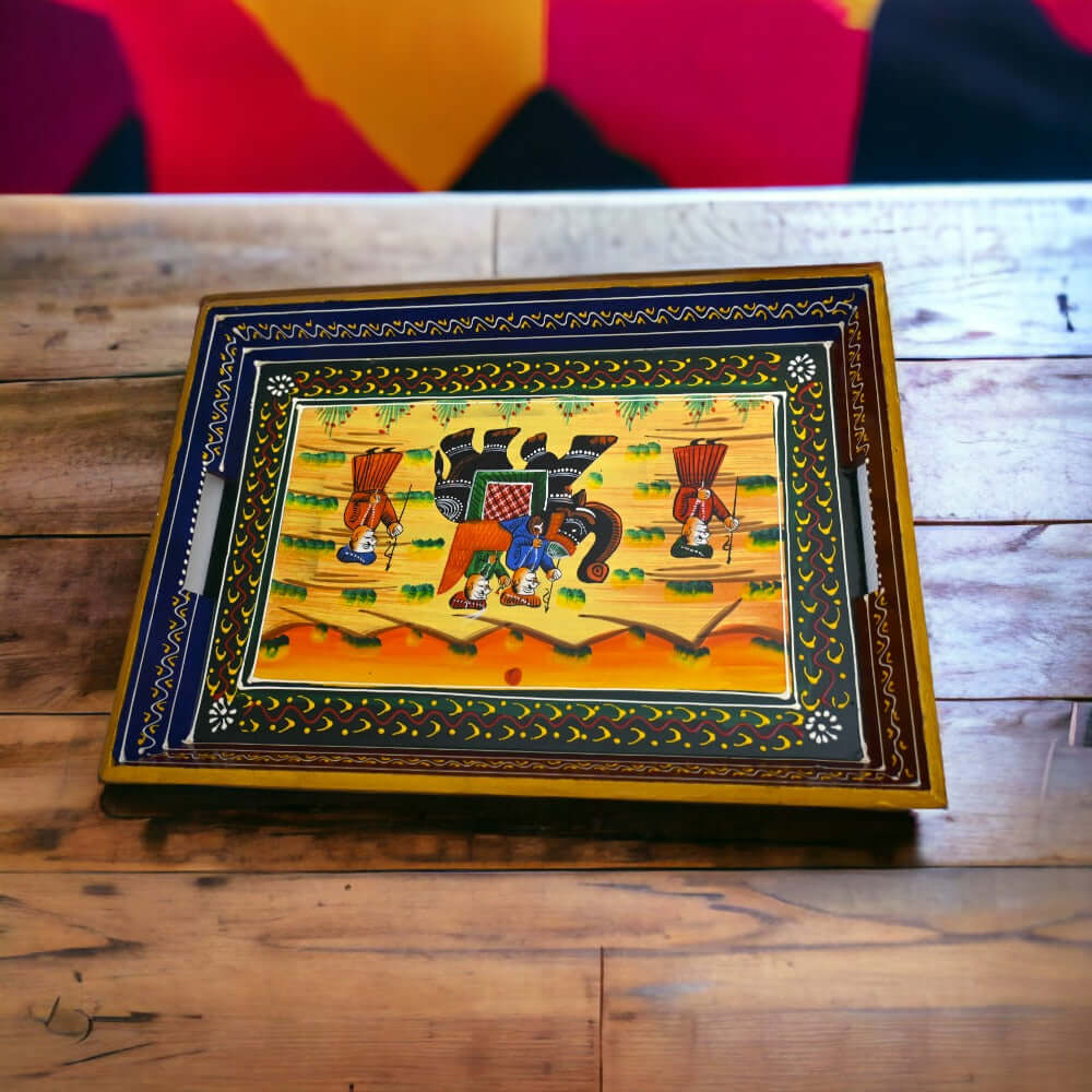 ROYALSTUFFS Serving Tray, set of 3, made of mango wood, Rajasthani painting, size 15″, 14″, 13″ - Royalstuffs.com