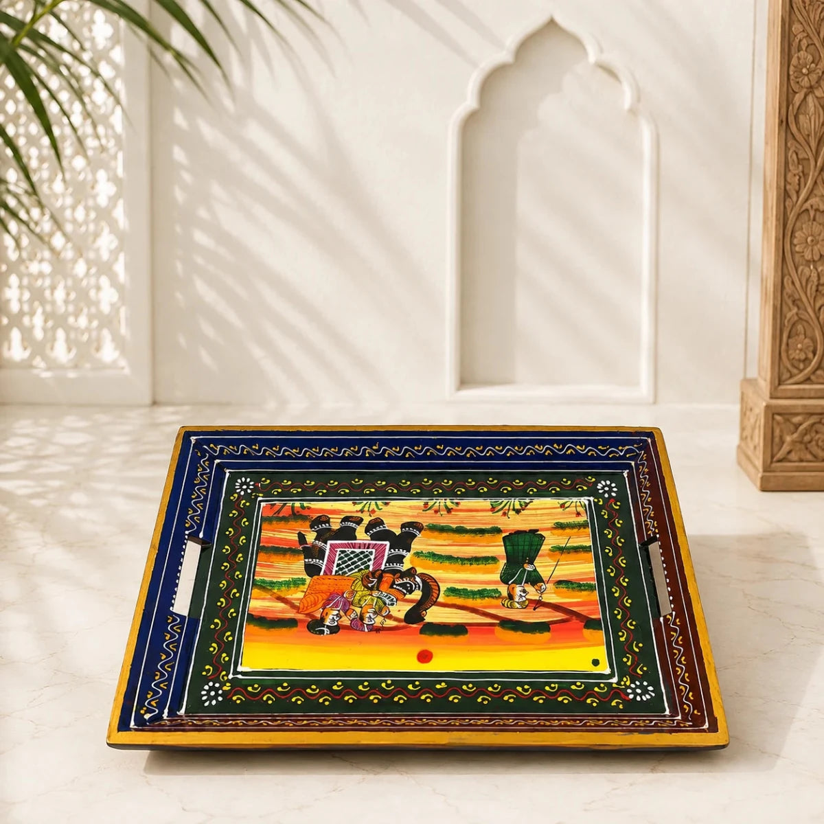 ROYALSTUFFS Serving Tray, set of 3, made of mango wood, Rajasthani painting, size 15″, 14″, 13″ - Royalstuffs.com