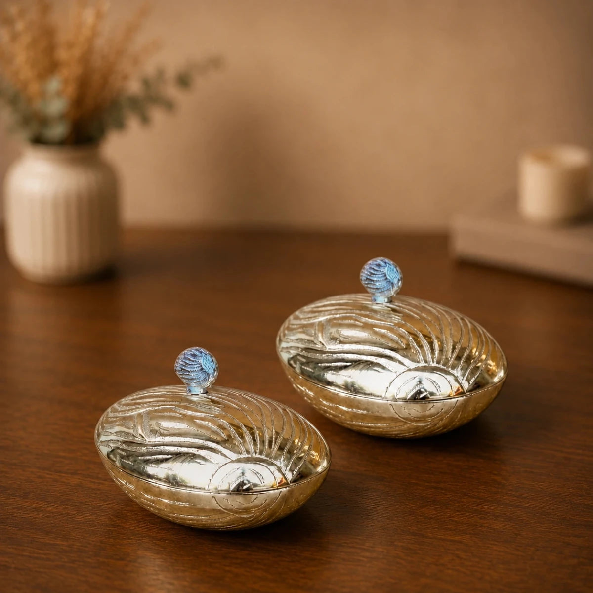 RoyalStuffs Set of 2 Golden Handcrafted Almond Aluminum Dry Fruit Boxes - Royalstuffs.com