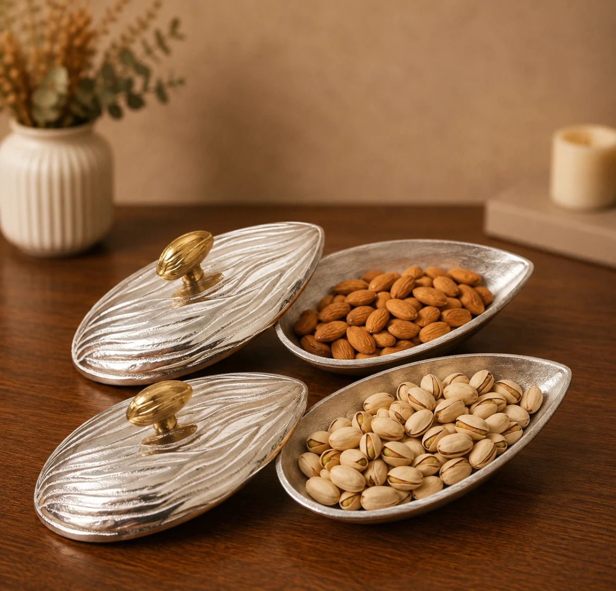 RoyalStuffs Set of 2 Handcrafted Almond Aluminum Dry Fruit Boxes - Royalstuffs.com