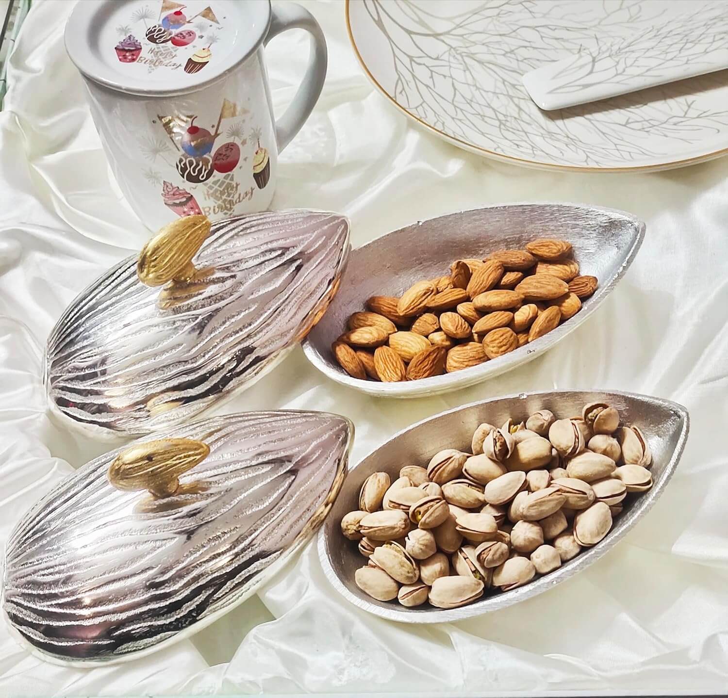 RoyalStuffs Set of 2 Handcrafted Almond Aluminum Dry Fruit Boxes - Royalstuffs.com